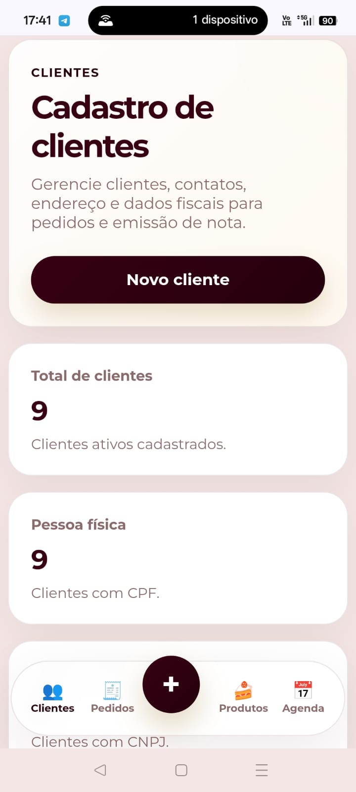 Tela mobile do módulo de clientes