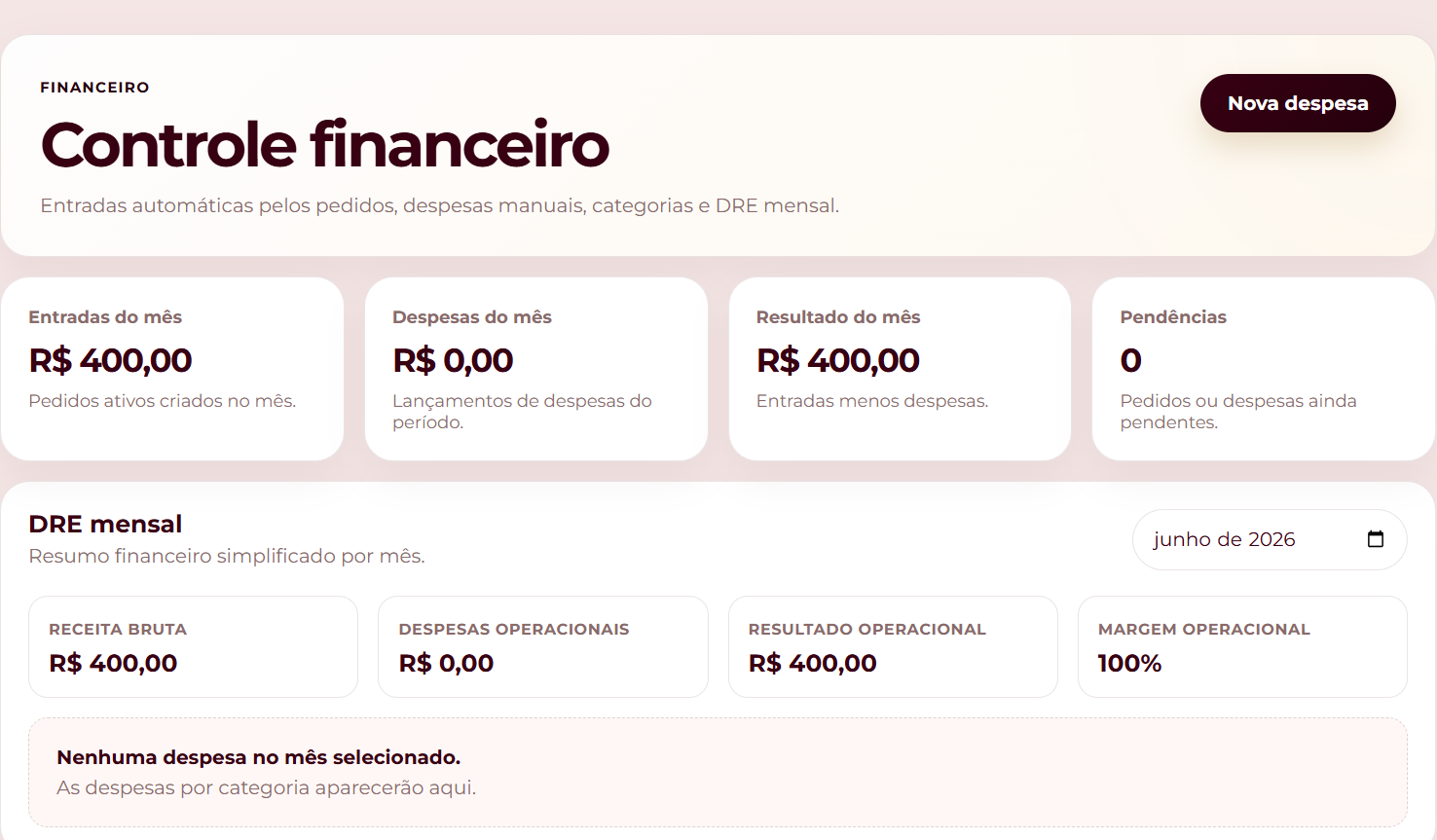 Tela desktop do módulo financeiro