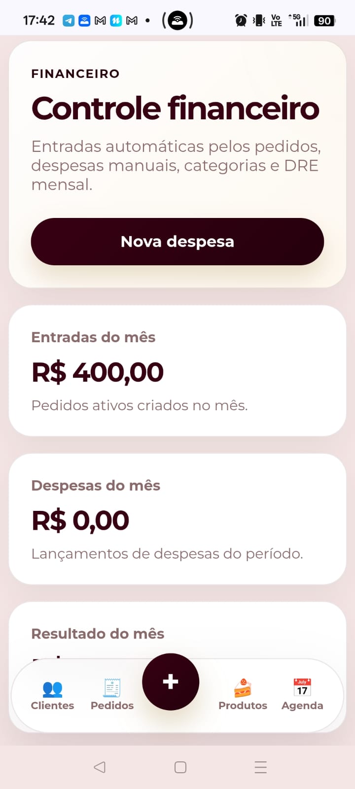 Tela mobile do módulo financeiro