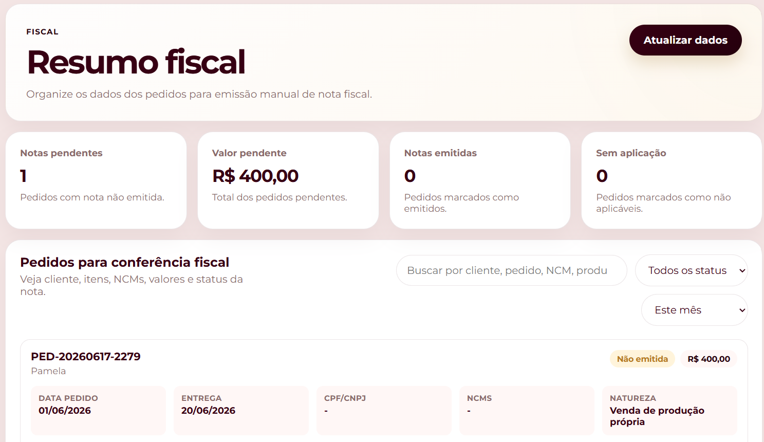 Tela desktop do módulo fiscal
