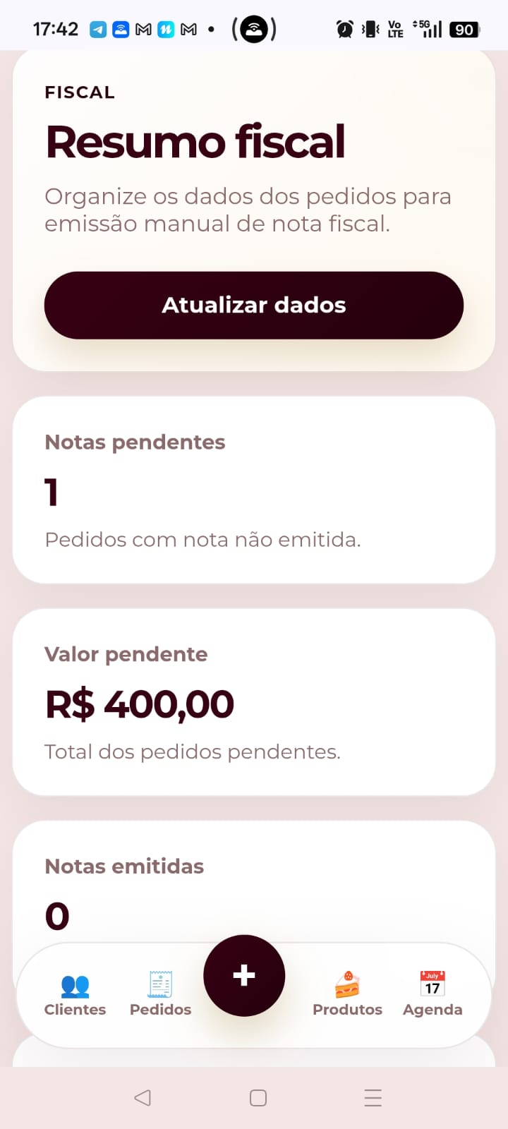 Tela mobile do módulo fiscal
