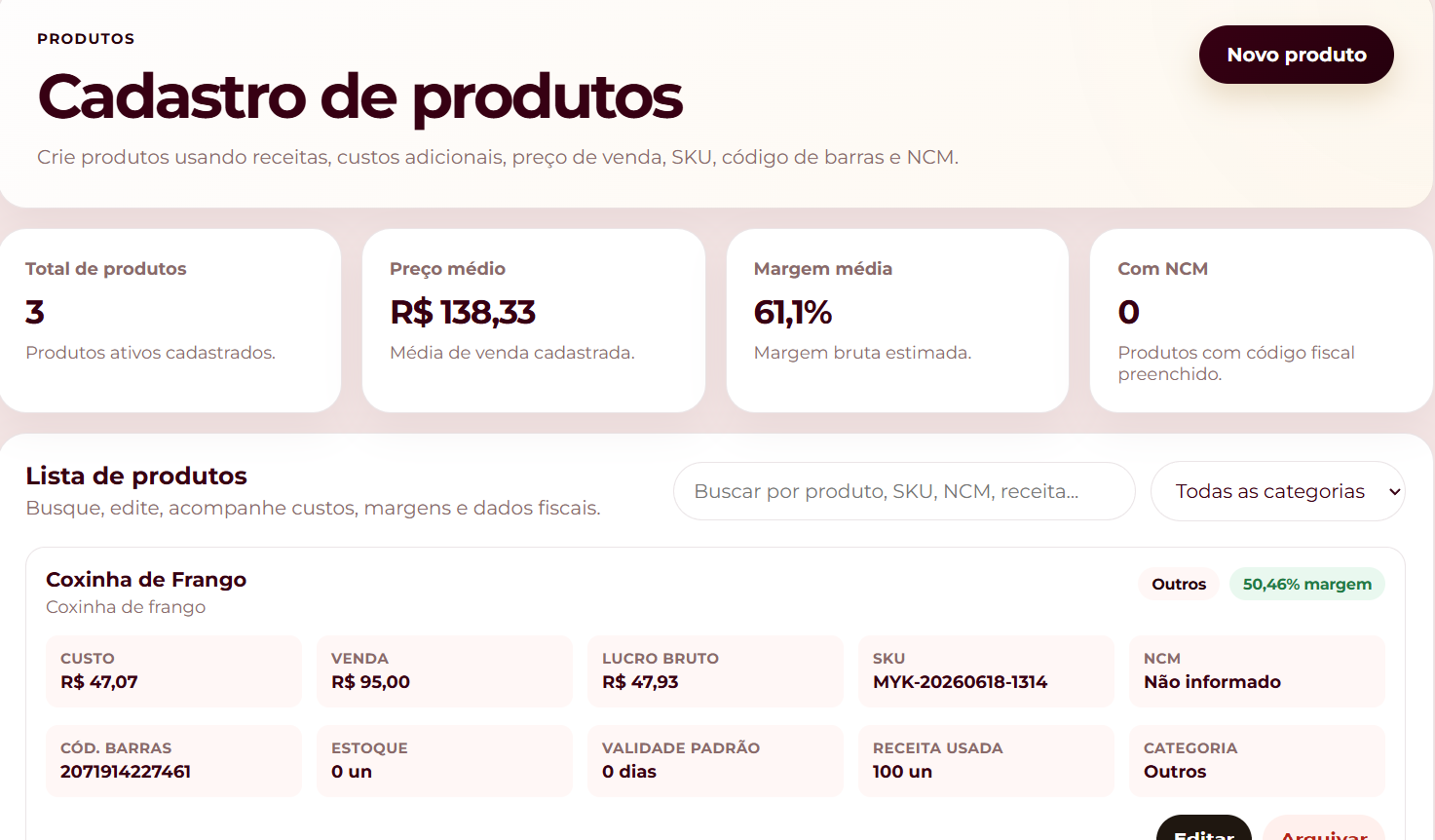 Tela desktop do módulo de produtos