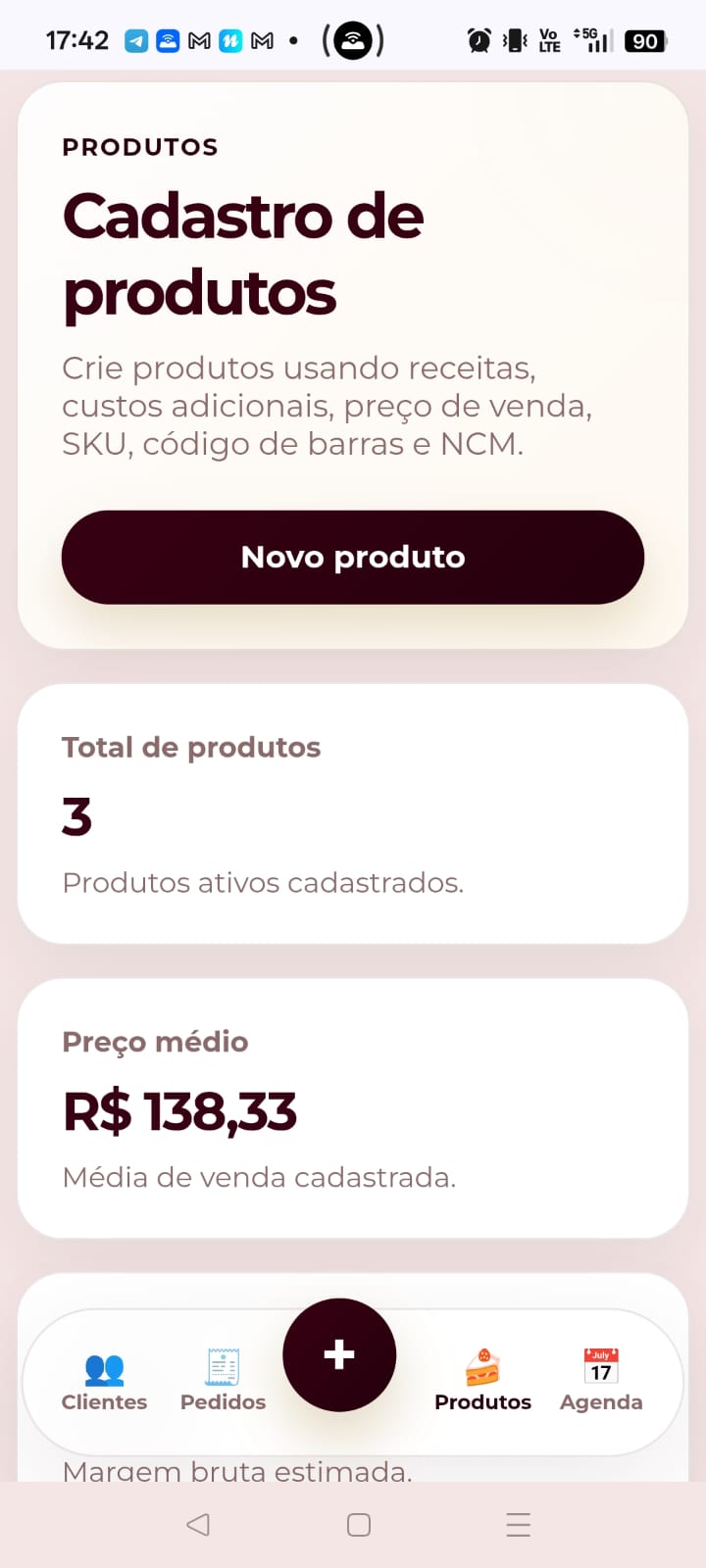 Tela mobile do módulo de produtos